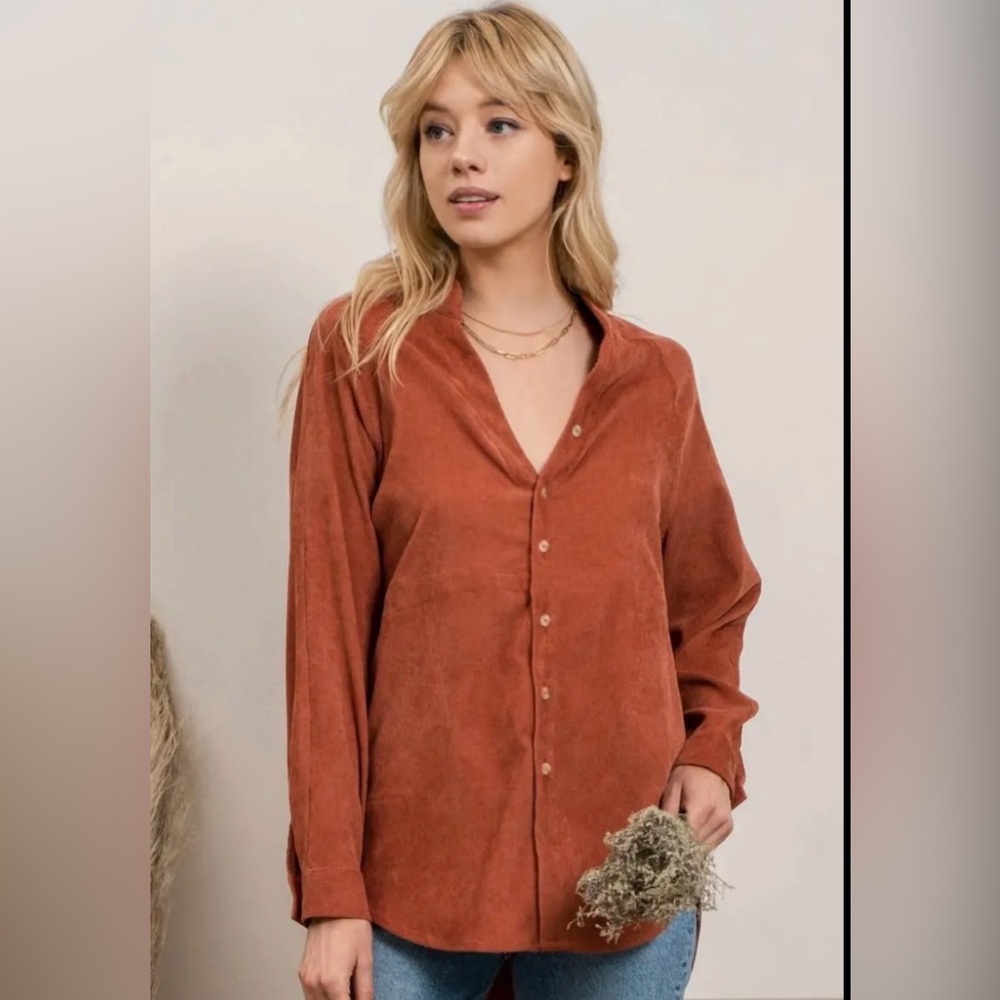 Blu Pepper Medium Terra Cotta Corduroy Button Front Top Granola Girl Lagenlook